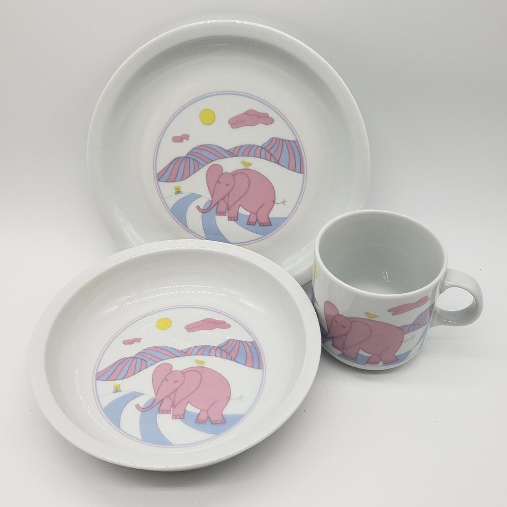 Alfoldi Porcelain Hungary Children's White Pink Elephant 3pc Dinner Set